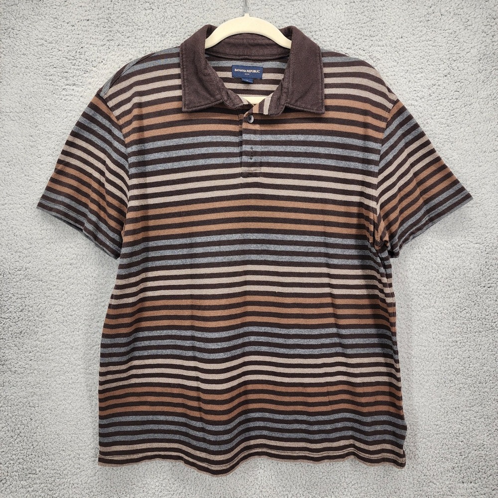 Banana Republic Mens Large Brown Striped Short Sleeve Cotton Polo Shirt